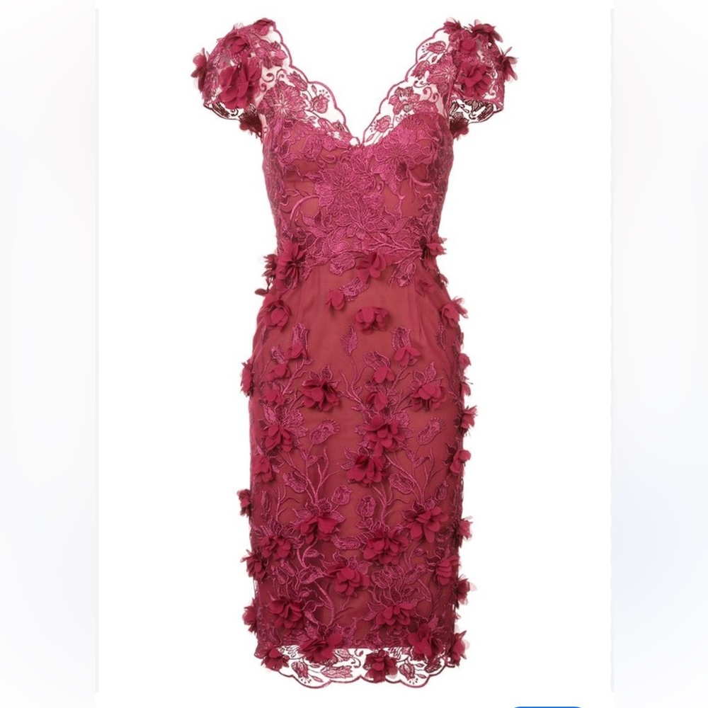 Marchesa Notte Burgundy Embroidered Floral Lace Midi Dress NWT